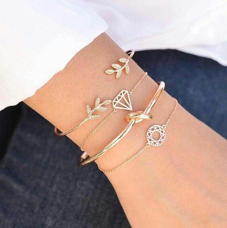 Bohemia Leaf Knot Hand Cuff Link Chain Charm Bracelet