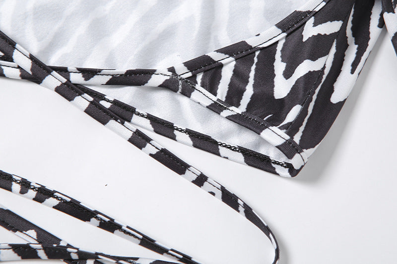 Striped Print Lace-up Short Tops
