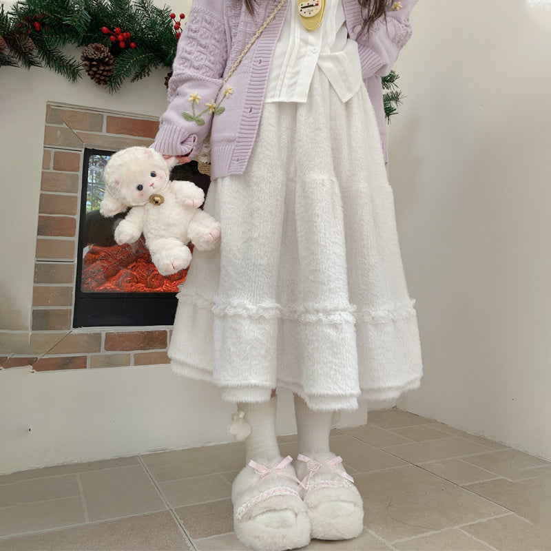 Plush Big Swing Mid-length High Waist Elastic Skirt