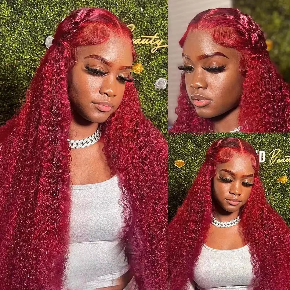 Burgundy Deep Wave Curly Wigs
