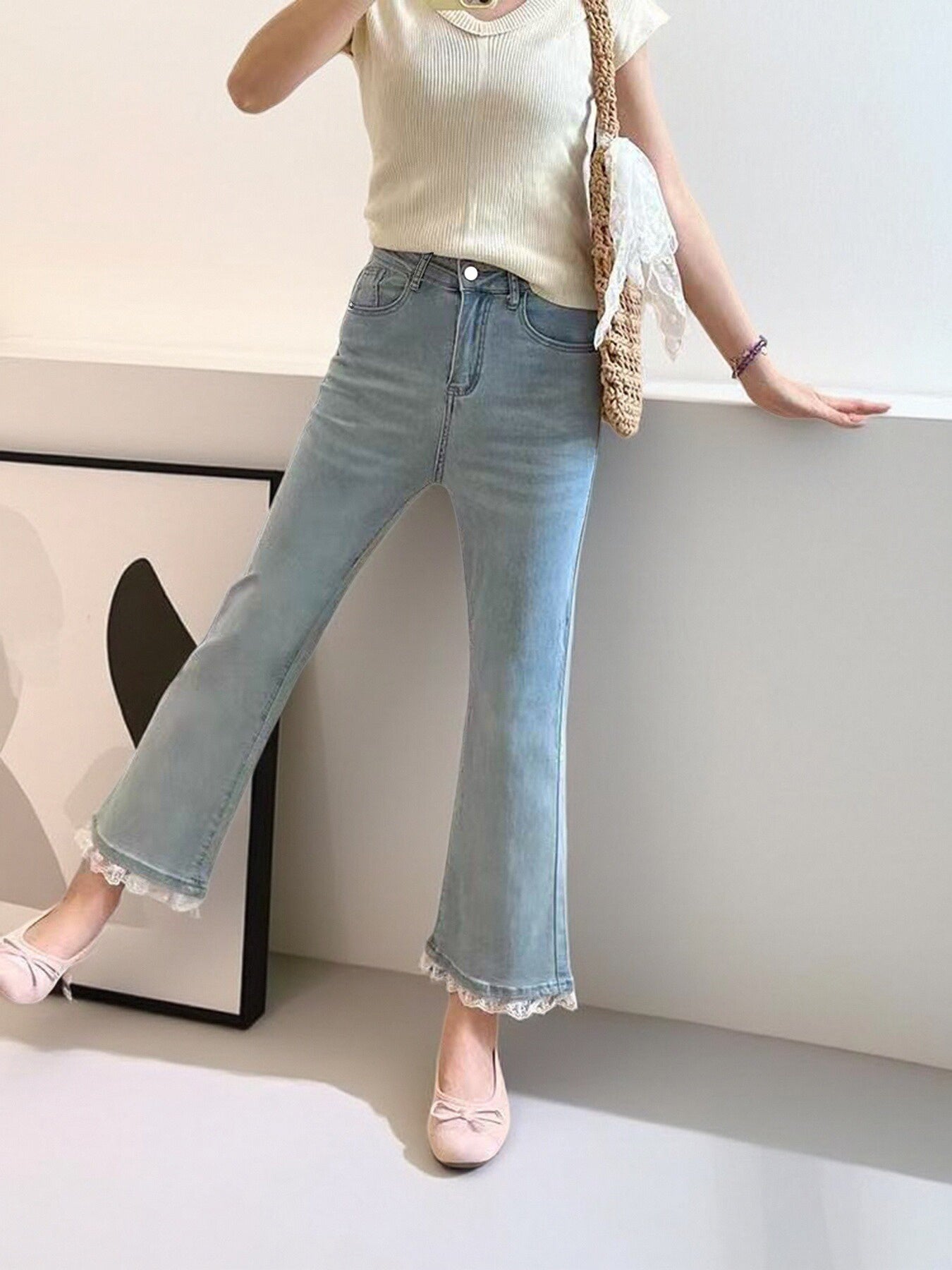 Jeans For Women, With Elastic Lace Lace And Lace Stitching, Micro Flared Jeans For Women In 2025, Small And Stylish Design, Light Blue Jeans For Women, Cropped Jeans For Women, Casual Pants For Women,