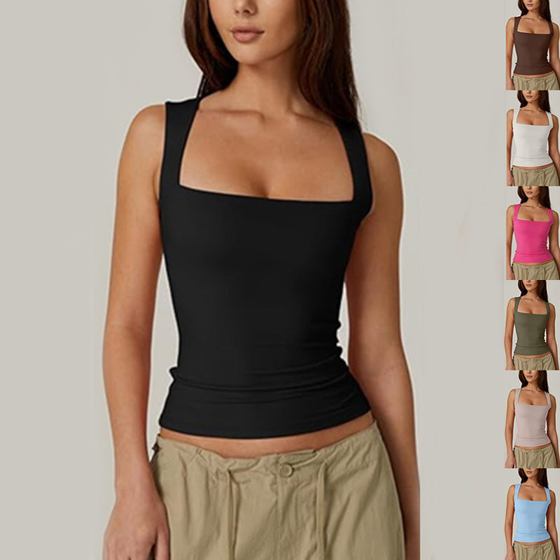 Summer Square-neck Tank Solid Sleeveless Tops